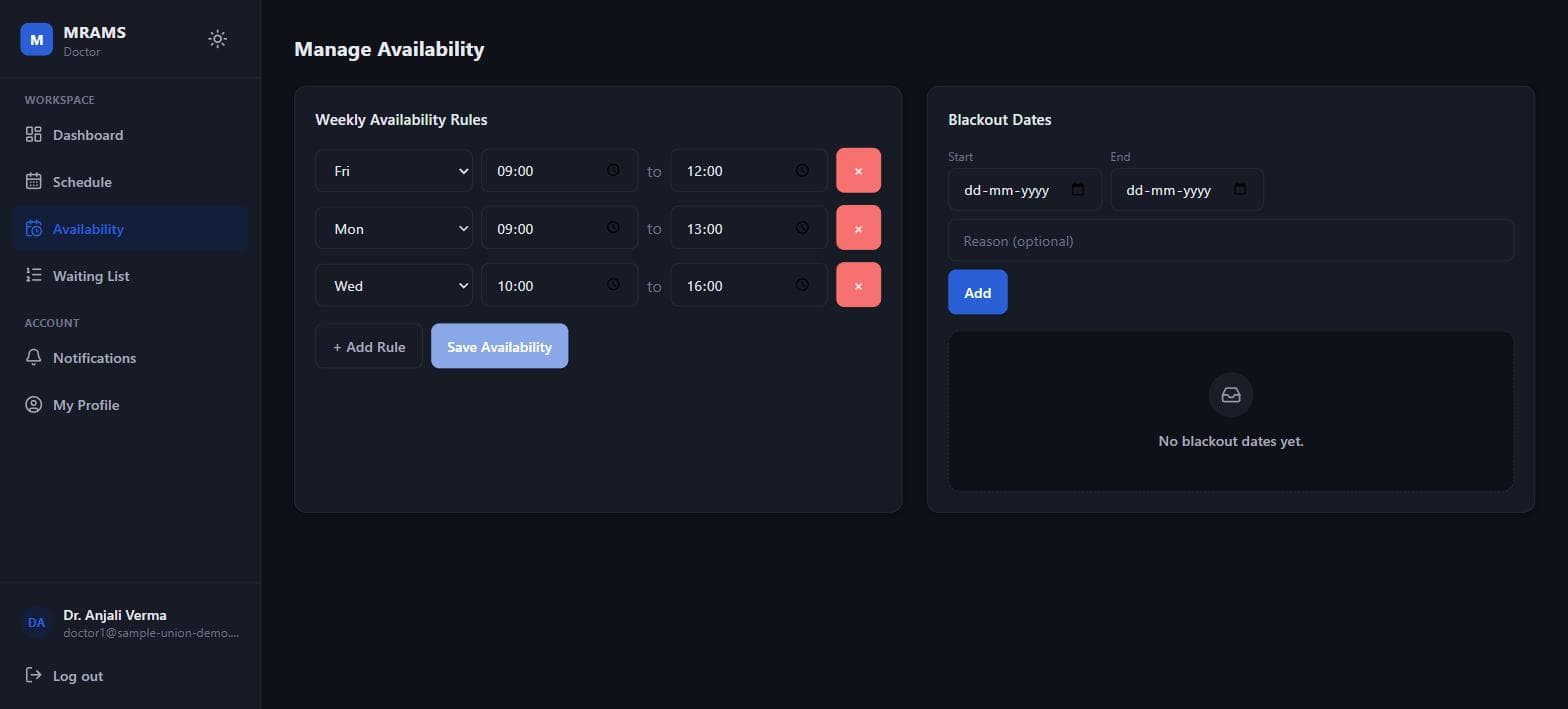 The MRAMS doctor availability screen